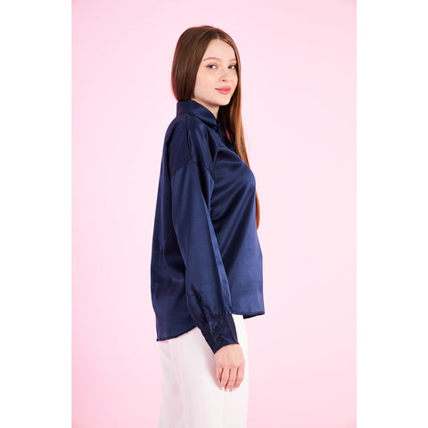 Blue Knotted Collar Satin Top | Montivo Pakistan