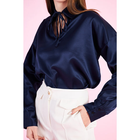Blue Knotted Collar Satin Top | Montivo Pakistan
