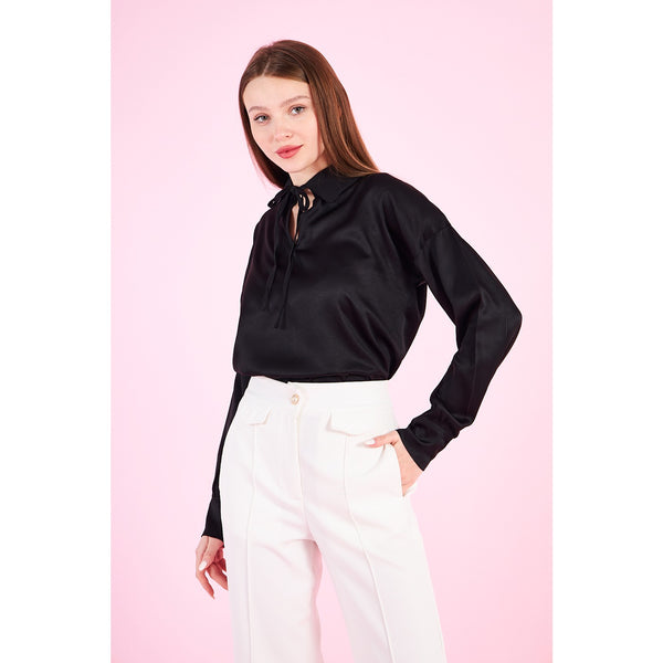 Black Knotted Collar Satin Top | Montivo Pakistan