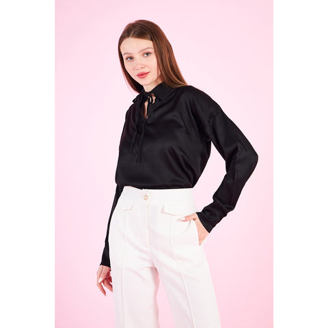 Black Knotted Collar Satin Top | Montivo Pakistan