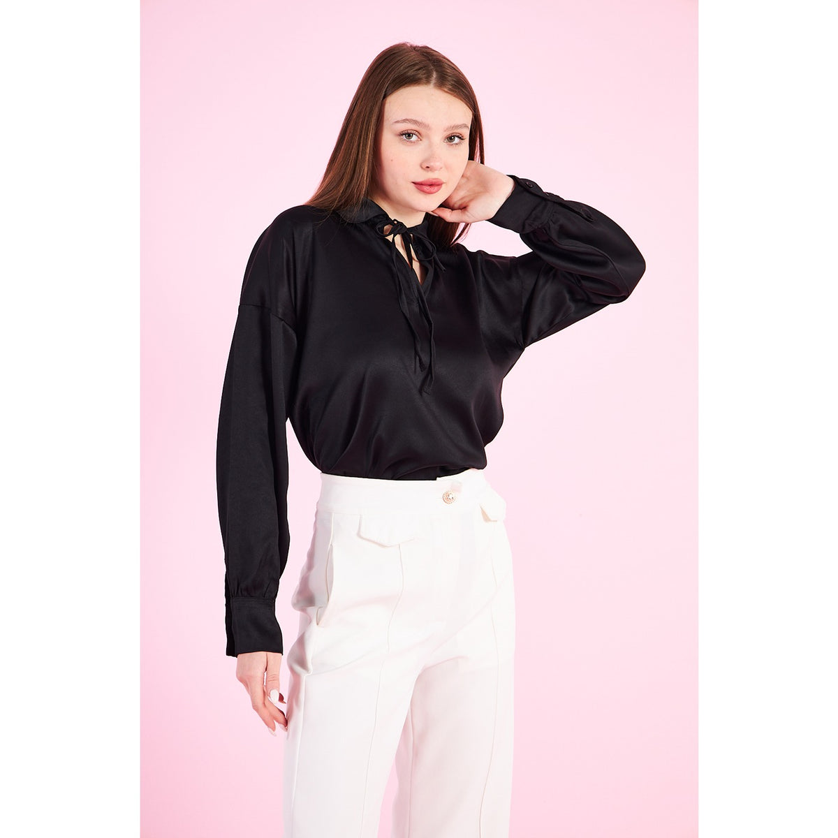 Black Knotted Collar Satin Top | Montivo Pakistan