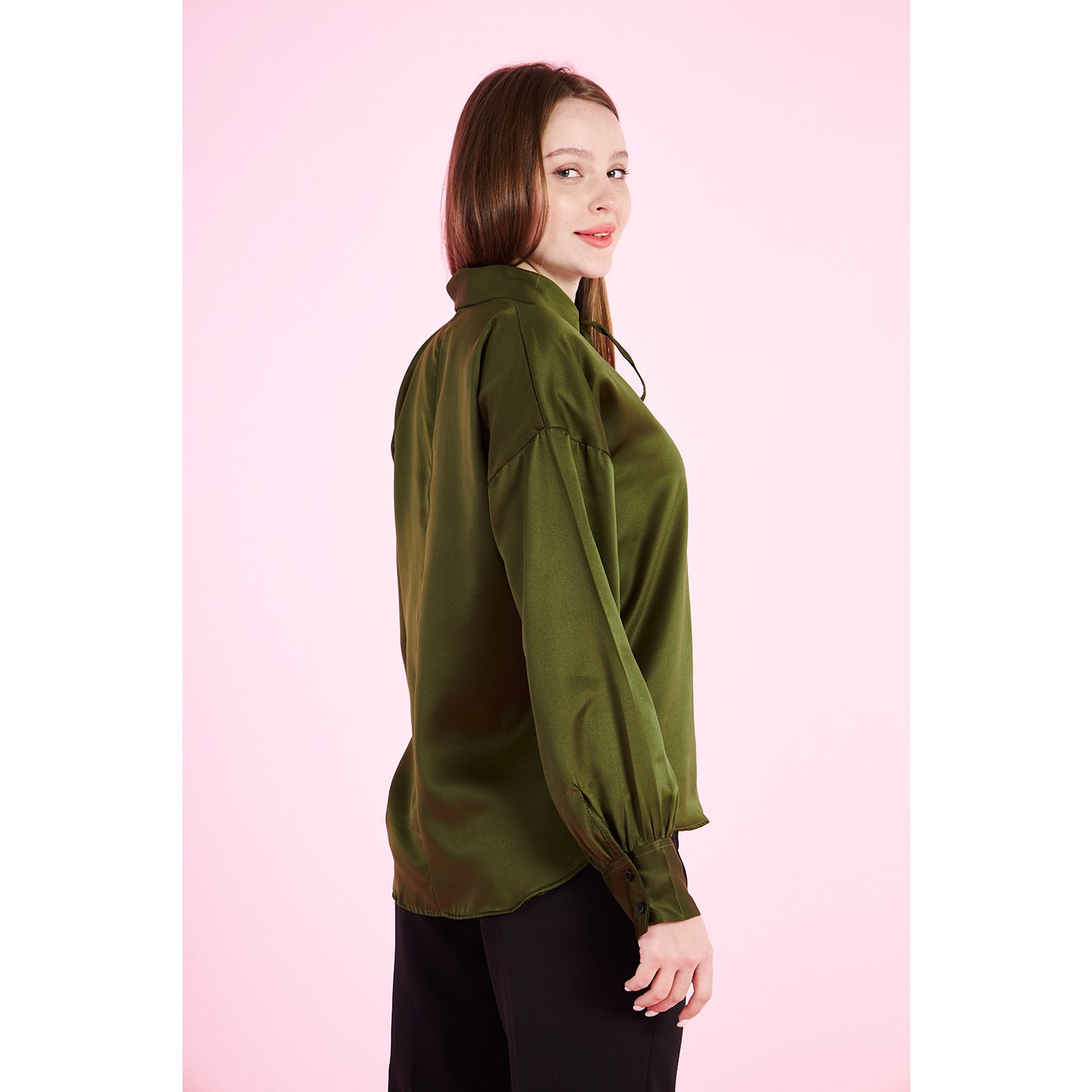Olive Knotted Collar Satin Top | Montivo Pakistan