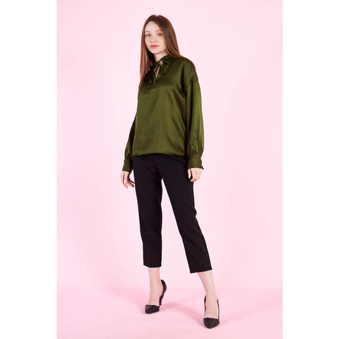Olive Knotted Collar Satin Top | Montivo Pakistan