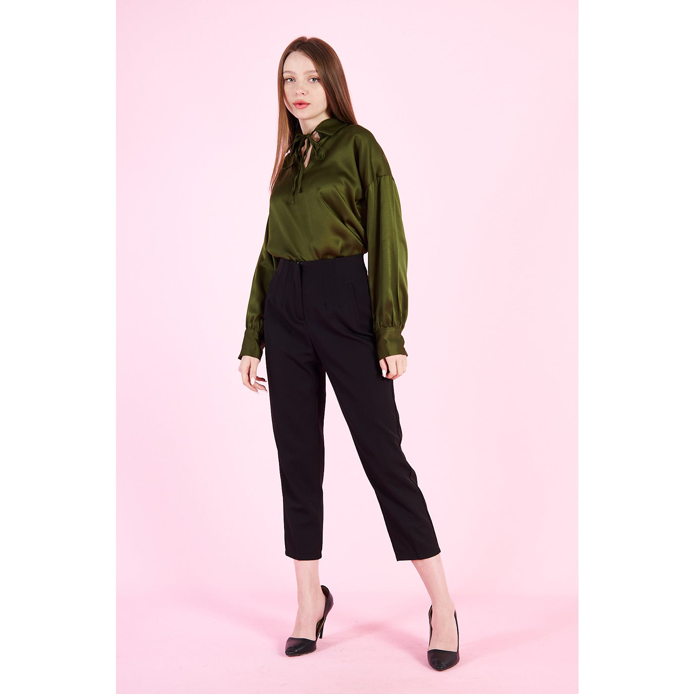 Olive Knotted Collar Satin Top | Montivo Pakistan