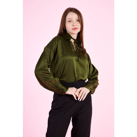 Olive Knotted Collar Satin Top | Montivo Pakistan