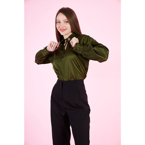 Olive Knotted Collar Satin Top | Montivo Pakistan