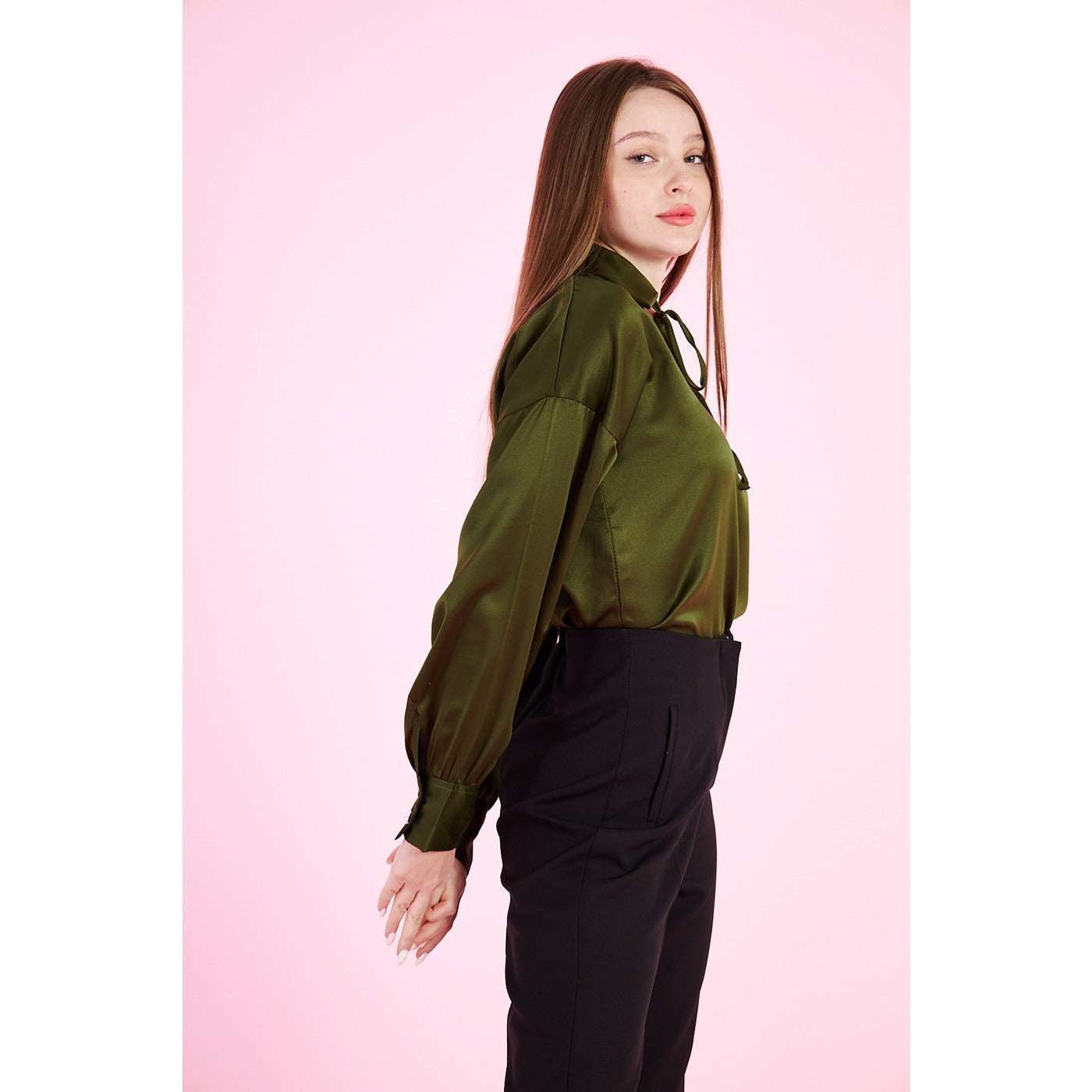 Olive Knotted Collar Satin Top | Montivo Pakistan