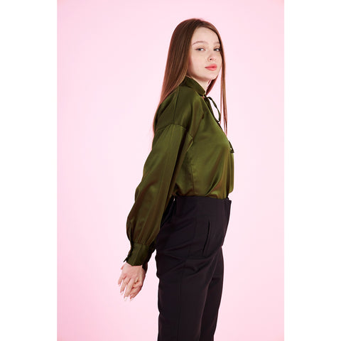 Olive Knotted Collar Satin Top | Montivo Pakistan