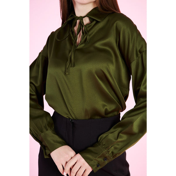 Olive Knotted Collar Satin Top | Montivo Pakistan