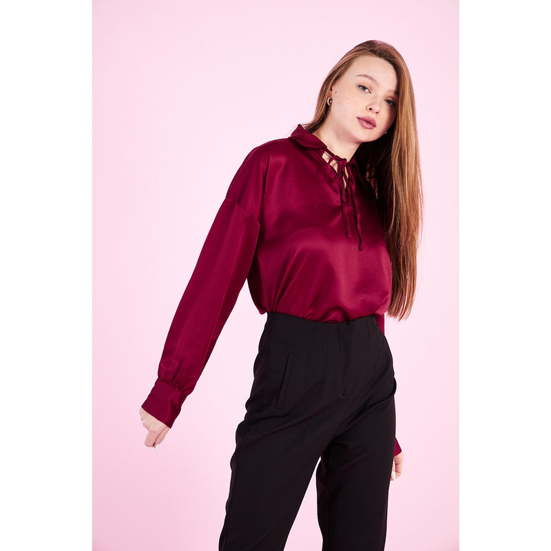 Burgandy Knotted Collar Satin Top | Montivo Pakistan