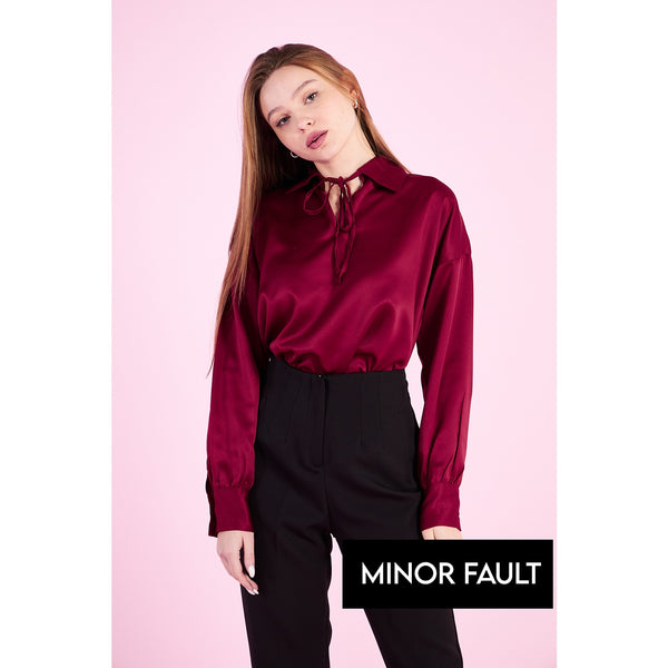 (Minor Fault) Burgundy Knotted Collar Satin Top | Montivo Pakistan