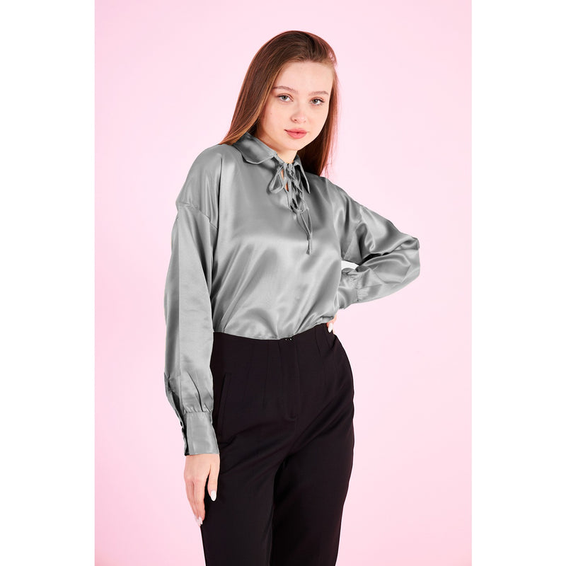 Grey Knotted Collar Satin Top | Montivo Pakistan