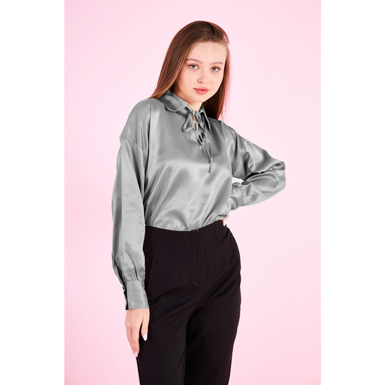 Grey Knotted Collar Satin Top | Montivo Pakistan
