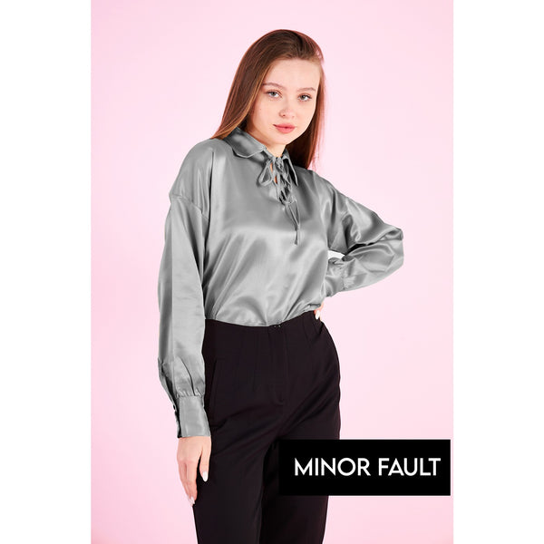 (Minor Fault) Grey Knotted Collar Satin Top | Montivo Pakistan