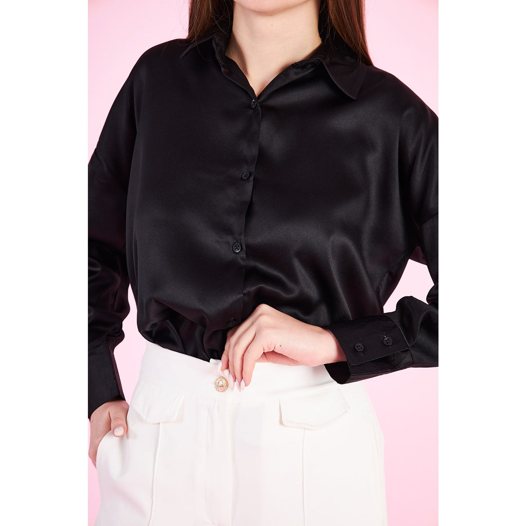 Black satin button store down