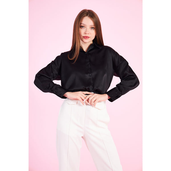 Black Button Down Satin Shirt | Montivo Pakistan