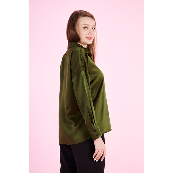 Olive Button Down Satin Shirt | Montivo Pakistan