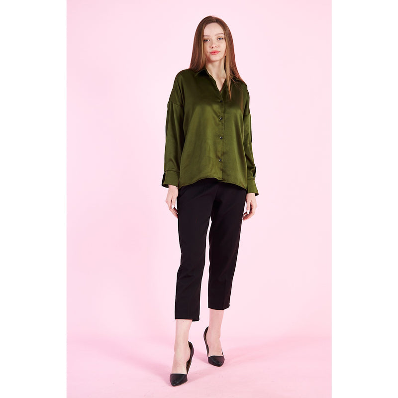 Olive Button Down Satin Shirt | Montivo Pakistan