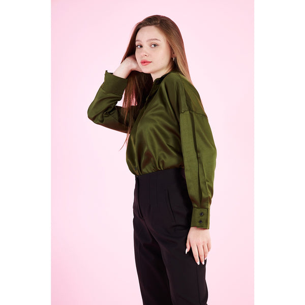 Olive Button Down Satin Shirt | Montivo Pakistan