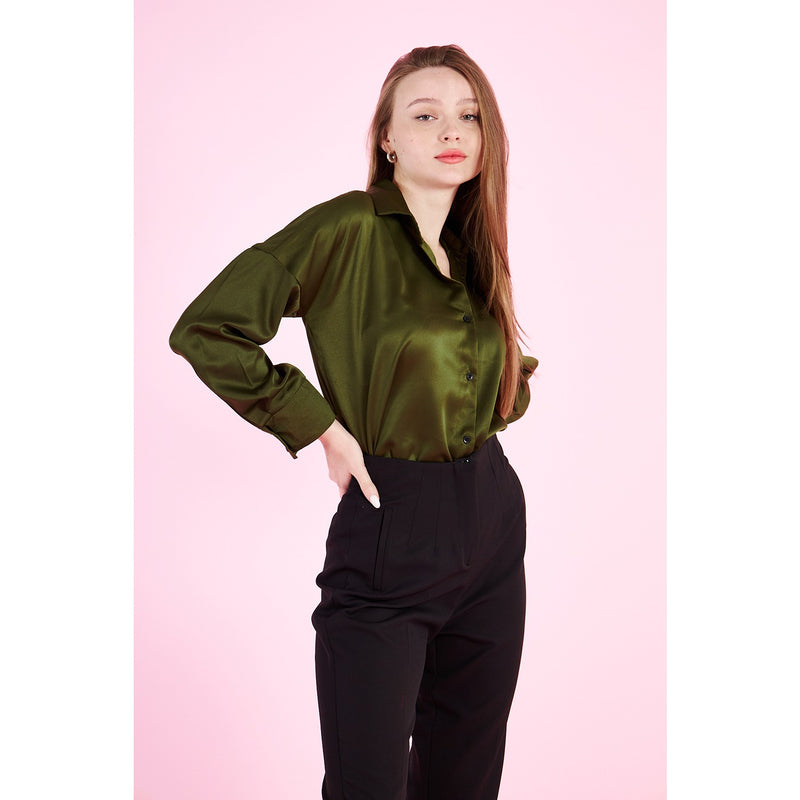 Olive Button Down Satin Shirt | Montivo Pakistan