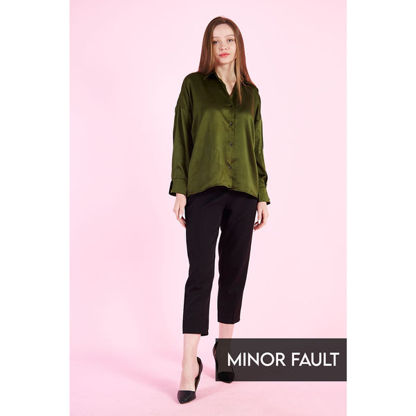 (Minor Fault) Olive Button Down Satin Shirt | Montivo Pakistan