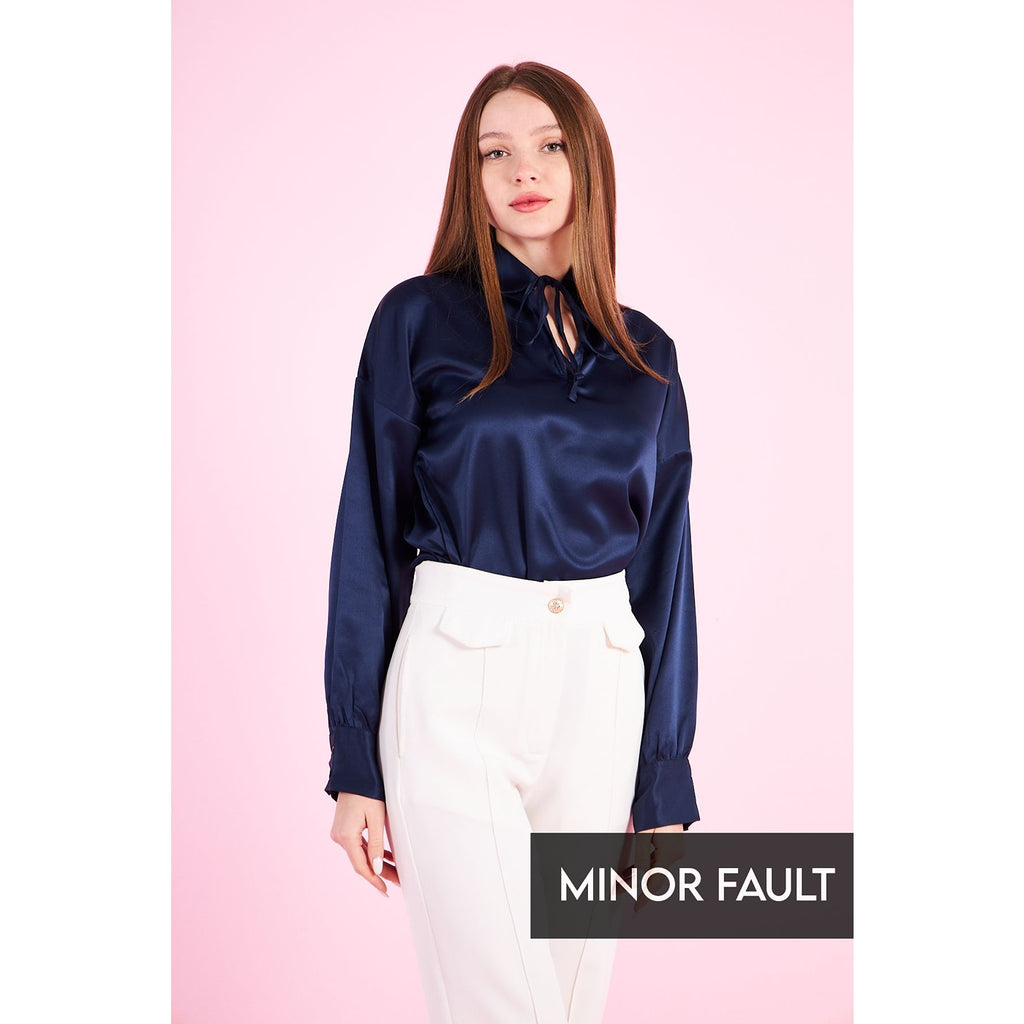 (Minor Fault) Navy Knotted Collar Satin Top | Montivo Pakistan