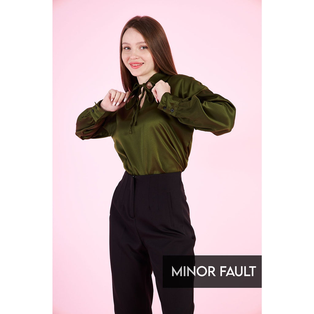 (Minor Fault) Olive Knotted Collar Satin Top | Montivo Pakistan