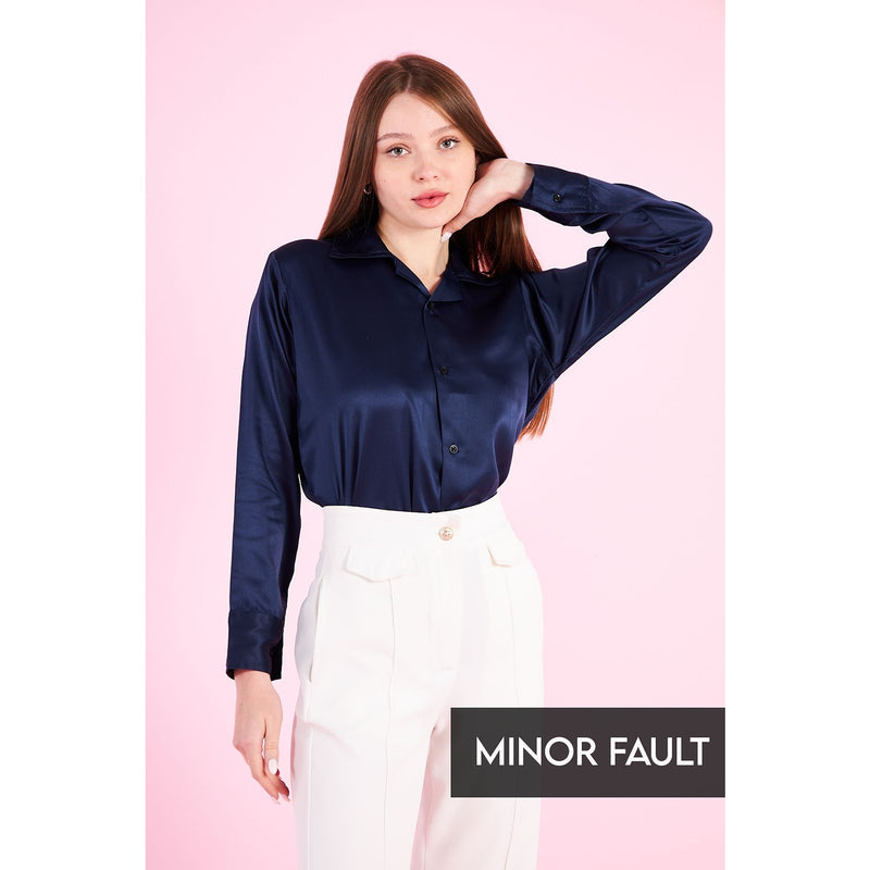 (Minor Fault) Navy Cuban Collar Satin Shirt | Montivo Pakistan