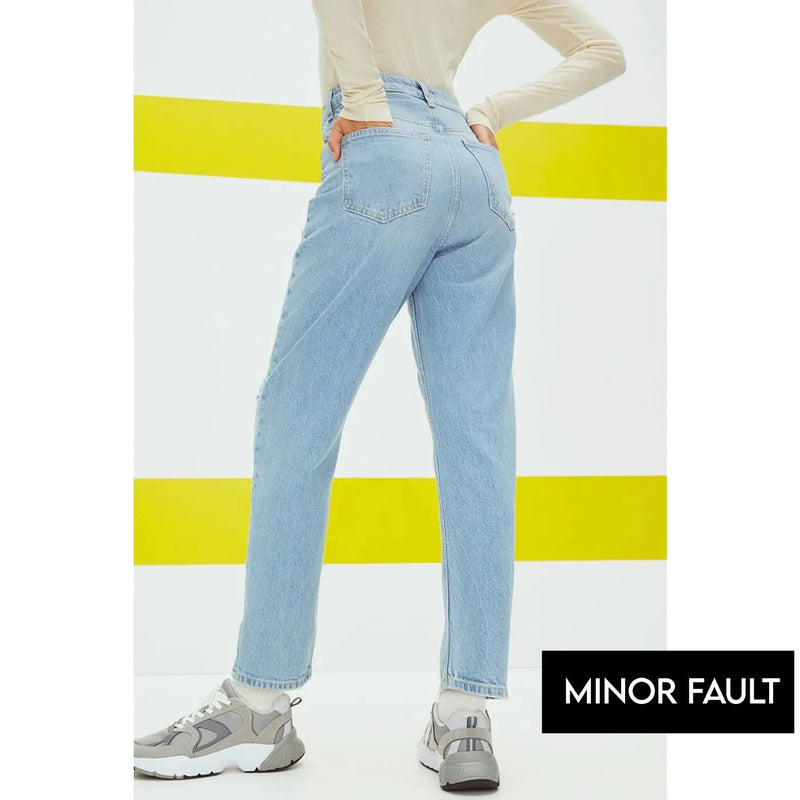 (Minor Fault) Mom Light Blue High Ripped Jeans | Montivo Pakistan
